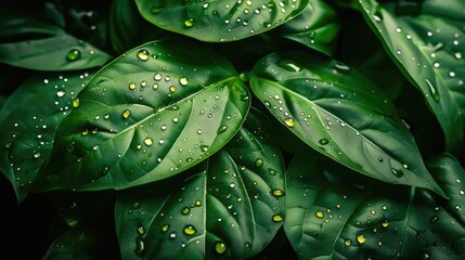 Fototapeta premium Close-up of vibrant green leaves with water droplets, showcasing the beauty of nature and freshness in detail.