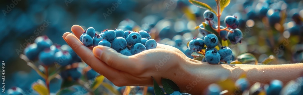 Wall mural Handpicking Ripe Blueberries in Summer Forest: Close-up of Woman's Hand in Harvest Background for Food Photography - Wall murals