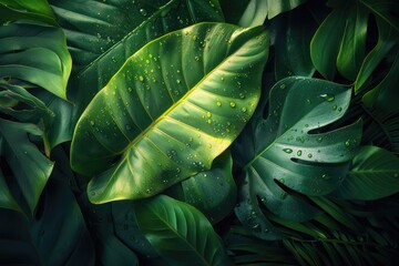 Lush tropical foliage with water droplets on leaves, creating a vibrant and fresh natural background perfect for various design projects.