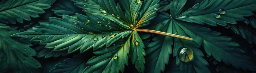 Close-up of green cannabis leaves with water droplets, showcasing detailed texture and natural beauty in a peaceful, organic setting.
