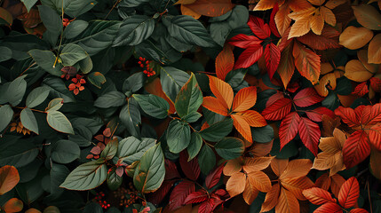 a background of colorful autumn leaves cluster of green leaves and branches vibrant red leaves