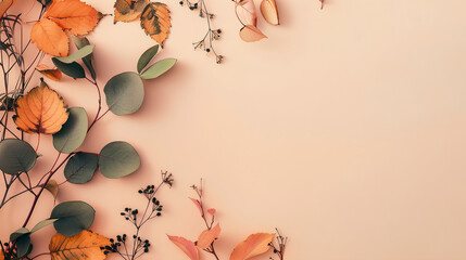 a minimalistic image with a background of subtle autumn leaves. Place a small cluster of green leaves and branches
