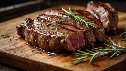 blurred background, grilled meat, steak, crispy on the outside. Cut into pieces and the meat inside is not yet cooked. There's runny water coming out. Garnish with rosemary. Placed in an old wooden cu