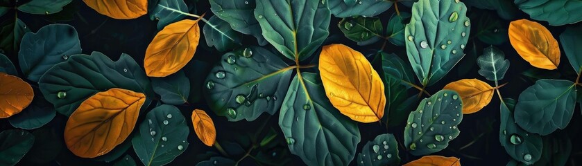 Abstract dark green and orange leaves with water droplets, creating a vibrant and serene nature-themed background.