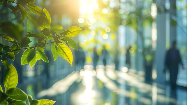 blurred background of people strolling in a modern office building with green trees and sunlight, eco-friendly and environmentally responsible business concept image with copy space. 