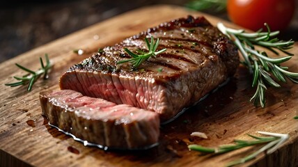 blurred background, grilled meat, steak, crispy on the outside. Cut into pieces and the meat inside is not yet cooked. There's runny water coming out. Garnish with rosemary. Placed in an old wooden cu