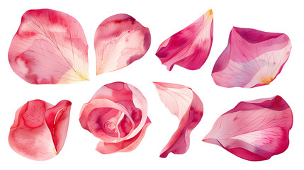 Set of isolated pink rose petals in watercolor painting style on a transparent background.