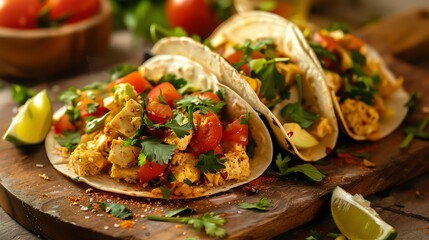 Delicious chicken tacos with fresh toppings and cilantro.