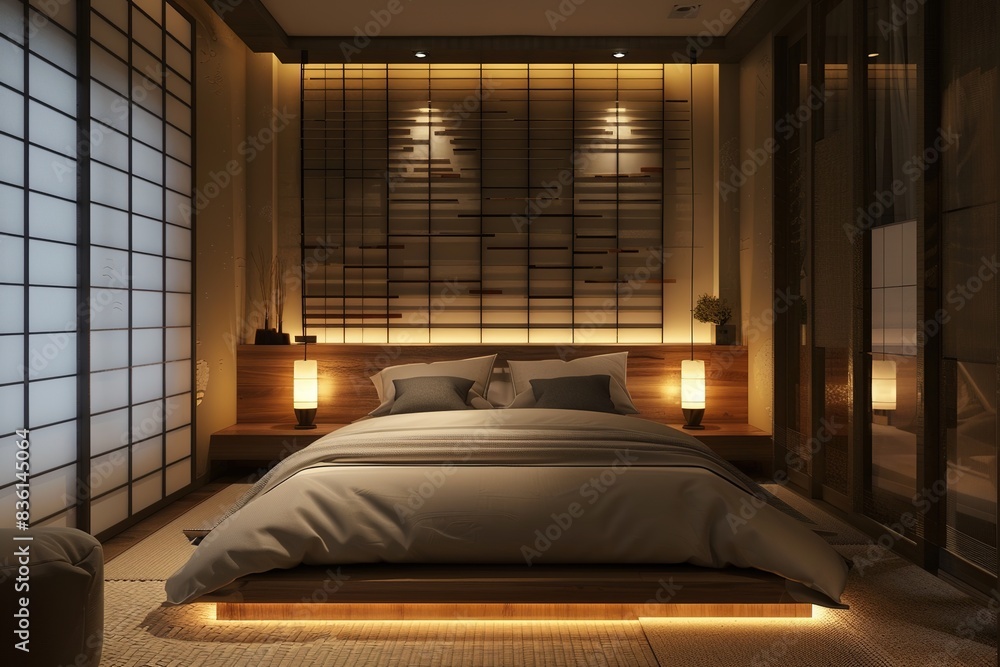 Sticker japandi style bedroom with tatami mat and wooden accents illuminated by soft lights