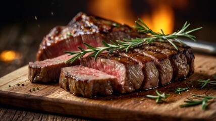 blurred background, grilled meat, steak, crispy on the outside. Cut into pieces and the meat inside is not yet cooked. There's runny water coming out. Garnish with rosemary. Placed in an old wooden cu