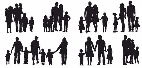 Family group silhouette. Happy family walking together various poses vector silhouette set.