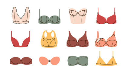 Various bra set. Underwear icon, stickers. Trendy female underwear. Vector illustration isolated on white background.