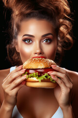 A beautiful brown-haired girl holds in her hands a big burger with tomatoes, a juicy cutlet, lettuce leaves, her mouth wide open, close-up portrait