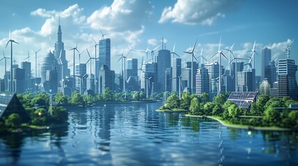 A futuristic cityscape rendered in 3D, featuring buildings with integrated renewable energy sources like wind turbines and solar panels, showcasing sustainable urban planning.