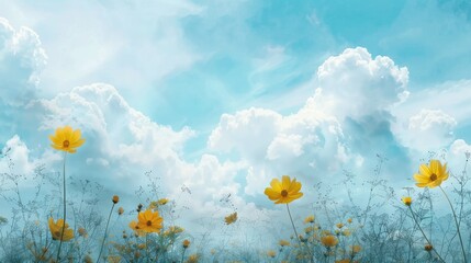 Cloudy sky backdrop with yellow flowers - Powered by Adobe