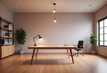 Modern home with empty desk, lamp, light and window. lofty, soft lighting. 

