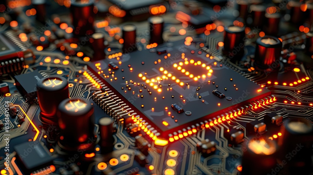 Poster hd on circuit board 3d rendering of the word hd on a circuit board with glowing orange lights, symbo