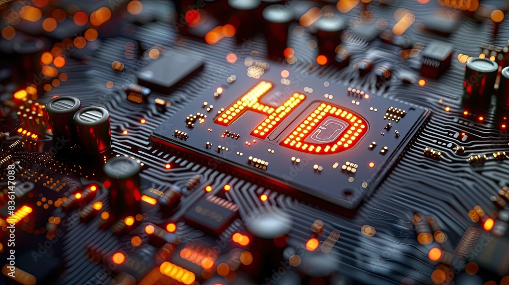 Poster hd on circuit board 3d rendering of the word hd on a circuit board with glowing orange lights, symbo