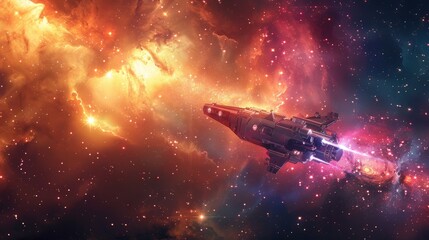 An imaginative 3D illustration of a spacecraft flying through a colorful nebula, with stars twinkling in the background, evoking a sense of wonder and discovery in space exploration.