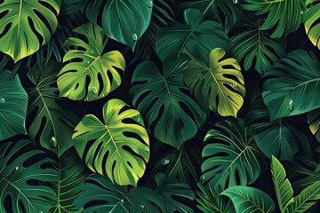 Naklejka premium Lush tropical green leaves with water droplets, creating a fresh and natural background perfect for vibrant design concepts and nature themes.
