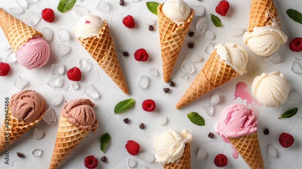 Aufkleber ice cream scoops in waffle cones displayed on a light textured table from above