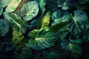 Obraz premium Close-up of lush green tropical leaves with raindrops, showcasing nature's beauty and vivid foliage. Perfect for background or botanical themes.