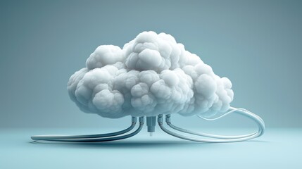 A conceptual 3D illustration of a cloud with network cables plugged into it, symbolizing physical connections in a digital world.