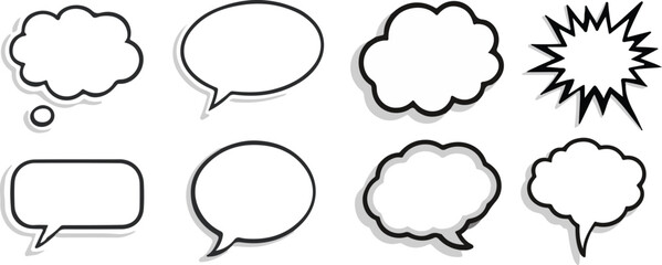 Fototapeta premium Empty comic speech bubbles set, Black border with shadow, Retro blank dialog boxes, Vintage vector graphic clipart