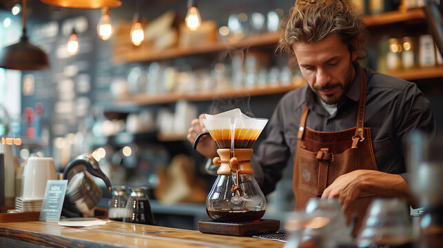 Professional barista preparing coffee using chemex pour over coffee maker and drip kettle.