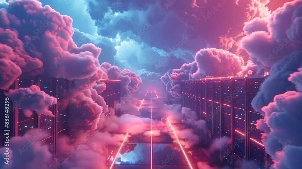 Poster a futuristic 3d illustration of a data center with servers surrounded by digital clouds, symbolizing