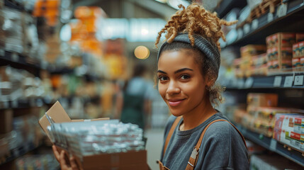Naklejka premium young man and woman Packing goods for delivery to customer in warehouse .