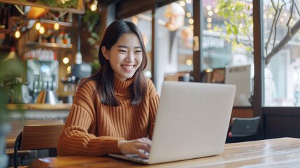 Happy young Asian girl working at a cozy coffee shop with a laptop.