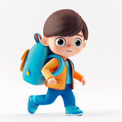 Fototapeta premium Cute funny boy with backpack going to school, isolated on white background, 3D rendered illustration
