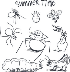 Cartoon set of poisonous and dangerous insects. Among them are a mosquito, a spider, a tick, a tsetse fly, a smoking spider, a bully ant in a cap, a caterpillar and a grasshopper.