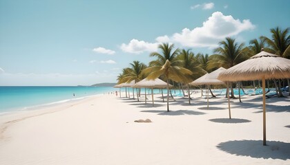 Beautiful tropical beach. blue sky, vibrant, sunlight, umbrella, sandy, soft, aesthetic	

