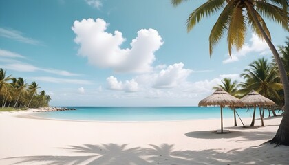 Beautiful tropical beach. blue sky, vibrant, sunlight, umbrella, sandy, soft, aesthetic	

