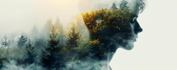 Double exposure of a man s silhouette with a forest scene, isolated on white, illustrating harmony and nature s embrace, copy space