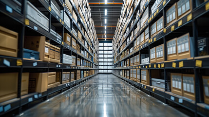 Indoor storage details in a manufacturing enterprise, black shelves with white office boxes.