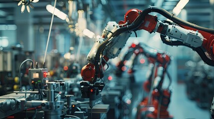 Mechanized industry robot and robotic arms for assembly in factory production . Concept of artificial intelligence for industrial revolution and automation manufacturing process