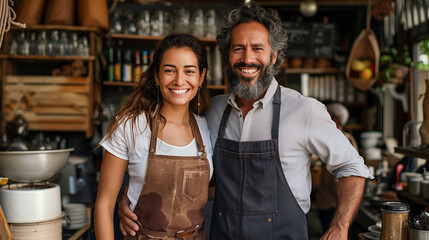 Fototapeta premium Cheerful business owners standing with open blackboard.