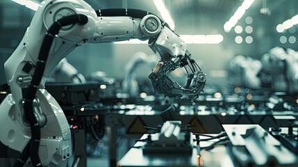 Mechanized industry robot and robotic arms for assembly in factory production . Concept of artificial intelligence for industrial revolution and automation manufacturing process
