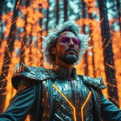 Fototapeta premium A man with silver hair and sunglasses sits in a forest, wearing a shiny, futuristic suit with glowing accents.