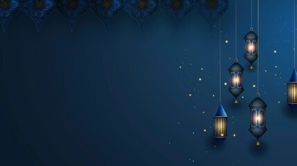 Fototapeta premium artistic Ramadan banner showcasing Islamic patterns and lanterns illuminated in the midst of a rich blue atmosphere, Intricate golden geometry for Islamic greeting backdrop Flat design