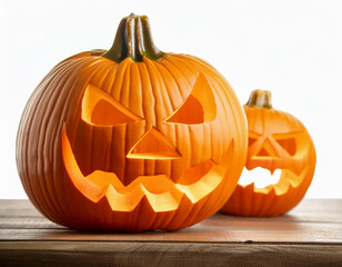 halloween jack o lantern, close up of carved halloween pumpkins on table, isolated with white background; vertical orientation; copy space