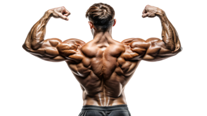 A shirtless fitness model with well-defined muscles flexes his back and biceps in a studio shot