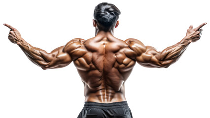 A shirtless fitness model with well-defined muscles flexes his back and biceps in a studio shot