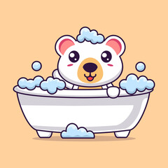 Vector cartoon cute polar bear bathing in bathtub filled with foam