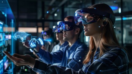 Woman immersed in virtual reality tech, with a background hinting at futuristic interfaces and experiences