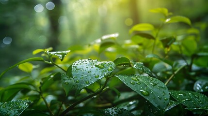 Dew-covered leaves and wet shoots in a vibrant forest.