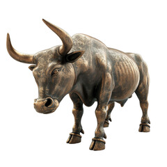 Obraz premium Bronze bull statue isolated on white background, representing strength and power in a dynamic pose.